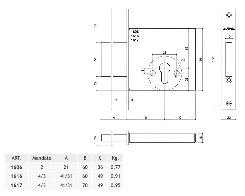 JUWEL 1616/17 SERRATURA A CILINDRO INFILATA 3 MANDATE E60/70