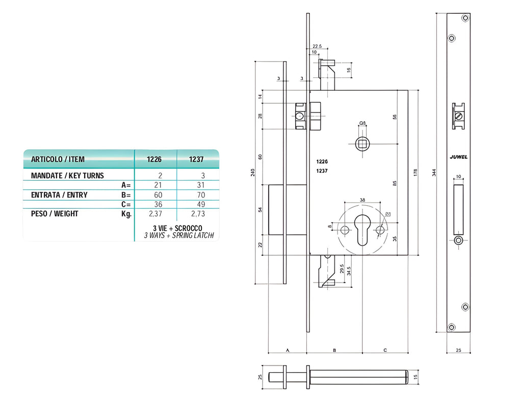 JUWEL 1237 SEERATURA A CILINDRO TRIPLICE DA INFILARE 3 MANDATE + SCROCCO E70