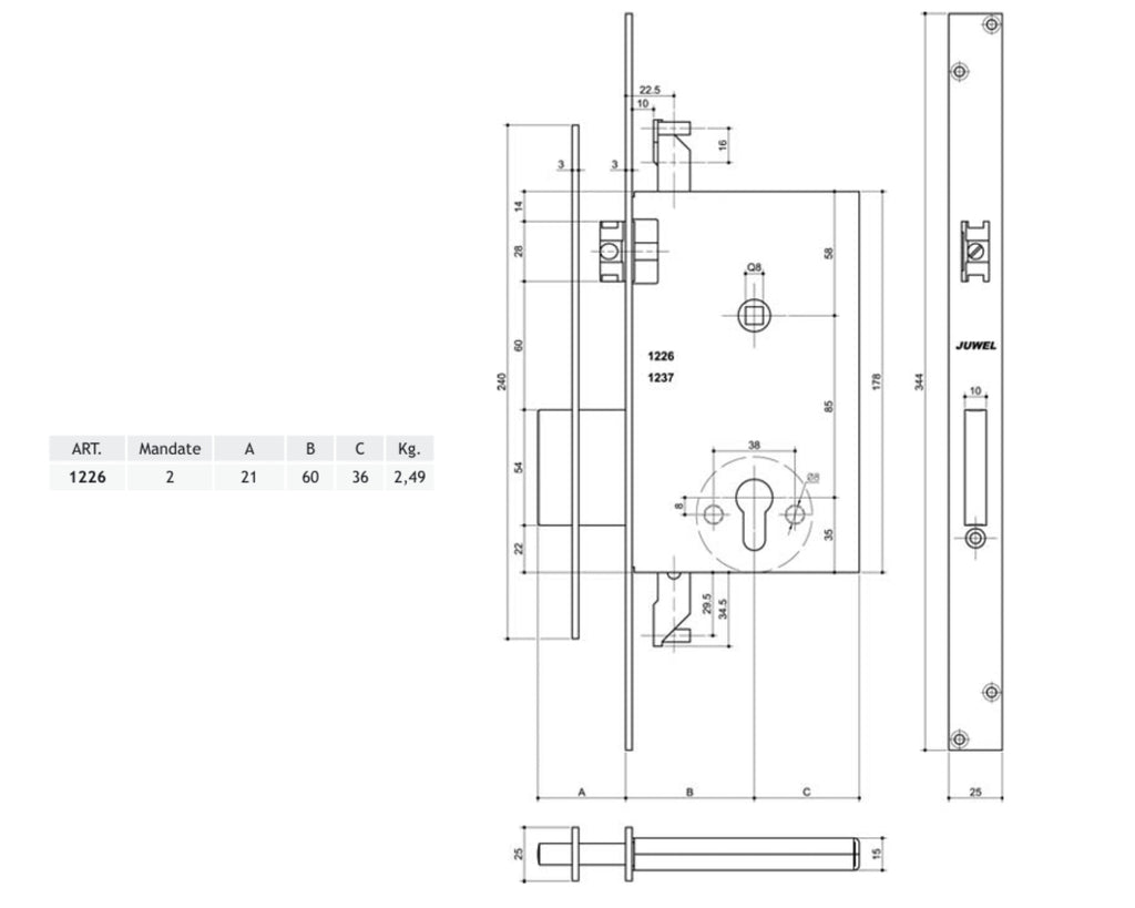 JUWEL 1226 SERRATURA A CILINDRO TRIPLICE DA INFILARE E60